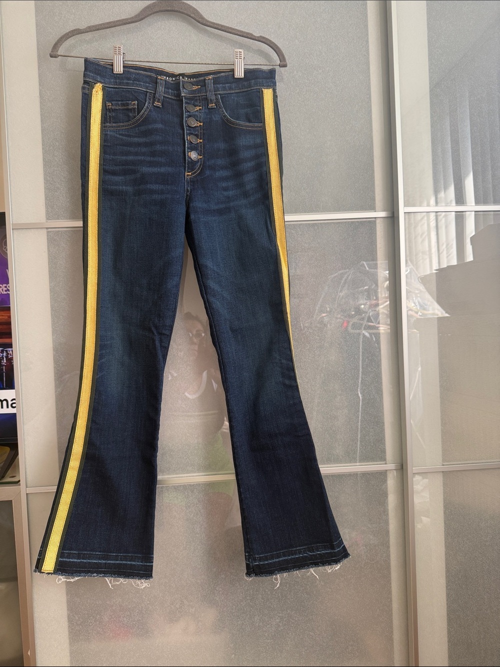 Veronica Beard Dark Blue Flare Jeans with Yellow Side Stripes